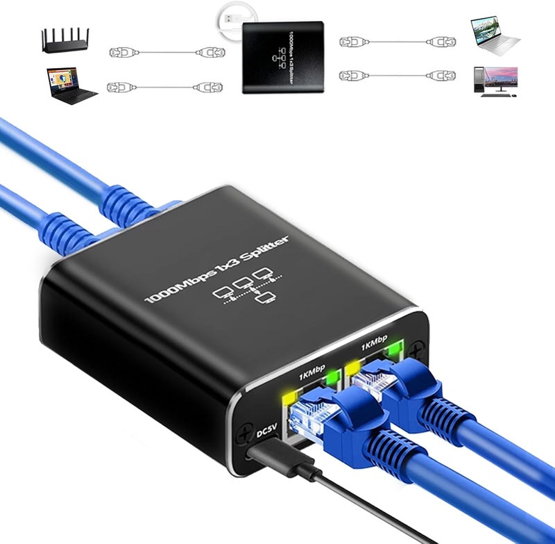 Pushua Gigabit Ethernet Splitter High Speed 1 to 3, 1000Mbps LAN Splitters (3 Devices Simultaneous Networking), RJ45 Splitter Adapter with USB Power Cable, Internet Splitters for Cat5/5e/6/7/8 Cable - Image 1